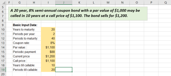 L M N I e a A 20 year, 8% semi-annual coupon bond with a par value of $1,000 may be called in 10 years at a call price of $1,