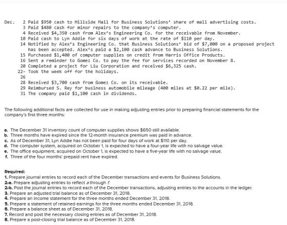 Dec. 2 Paid $950 cash to Hillside Mall for Business Solutions share of mall advertising costs. 3 Paid $480 cash for minor re