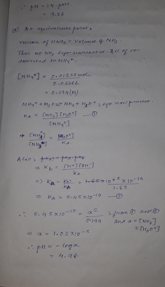 pH = 14-pot. = 9.26 (d) At equivalence points volume of HNO = Volunce of NH₃ Thus no NH₃ defe unceacted. All of in converted