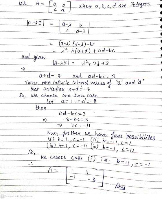 and given (i belLCE- LD bu-IL CEL let A a b where a, b, c, d are integers c d A-III = a-l b C d-d (and) [d-d)-bc = 12x (atd)