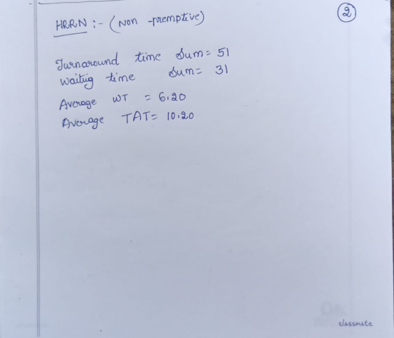 2 HORN :- (non -premptive) Turnaround time Sum= 51 waiting time Sum= 31 Average Average TAT= 10:20 WT - 6,20 classmate