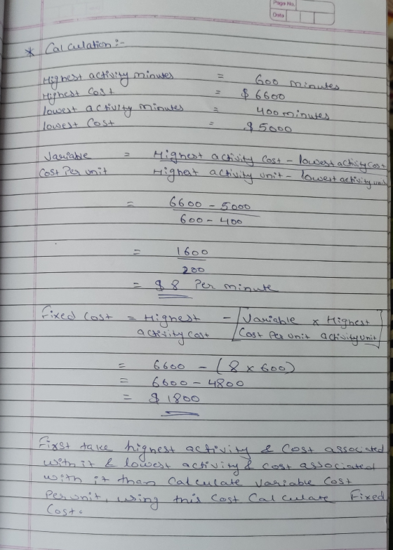 Page No. Data Calculation :- = Goo minutes Highest activity minues Highest Cost lowest activity minutes lowest Cost a $ 6600