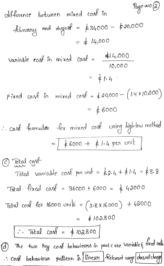 Page No @ difference between mixed cost in february and August - $34000 – $20.000 $14,000 Variable cost in mixed costa $14,00