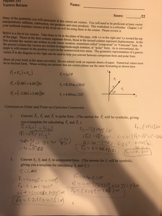Name: Vectors Review Score: /22 Many of the quantities you will encounter in this course are vectors. You will need to be proficient at basic vector manipulations: addition, subtraction, dot products and cross products. This worksheet is a refresher. Chapter 3 of your textbook explains vectors at the level we will be using them in the course. Please review it Below is a list of six vectors. Take them to lie in the plane of the page, with +x to the right and ty toward the top of the page. Those in the first column represent forces, those in the second column represent displacements. In the first column the vectors are written in unit vector notation, sometimes called component or Cartesian form. In the second column the vectors are written in magnitude/angle notation, or polar form. As is conventional, the angle is with respect to the positive r-axis in the counterclockwise sense. The geometric representation of a generic vector in the diagram to the right can be used to help you convert between component form and polar form. Show all your work in the space provided. Do not submit work on separate sheets of paper. Numerical values must be in decimal form. When writing out answers that are vectors please use the same formatting as shown here. 4, F 5.001+4.00j 8.20m 30.0 (-2.00i+3.00N400m2325 Cartesian-to-Polar and Polar-to-Cartesian Conversion 1. Convert F, F and F, to polar form. (The answer for F, will be symbolic, giving you a template for calculating F, and ) Convert-, r, and r, to component form. (The answer for ,{ will be symbolic, giving you a template for calculating and ) /> {.coson, t. Yi. Sines