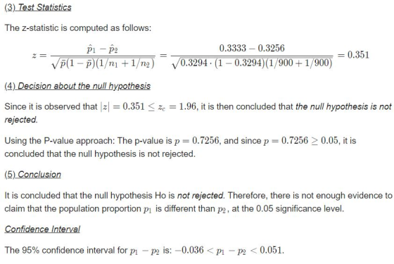 (3) Test Statistics The z-statistic is computed as follows: Z= P1 - 09 Vp(1-0)(1/T1 +1/09) = 0.3333 – 0.3256 0.3294 . (1 - 0.