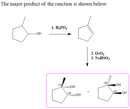 The major product of the reaction is shown below: 1. H3PO4 -OH 2. Os04 3. NaHSO3 (S...11|OH OH ( SOH VROH