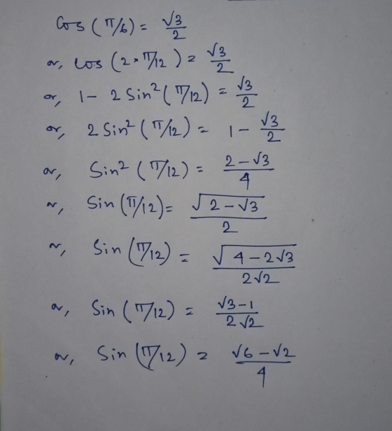 los (7/6)= 3 or los (2 + 1/2 ) = 3 or, 1- 2 sin? (712) = 133 or 2 Sin? (7/2) = Sin2 (7/12) = Sin (1/12)= √2-83 1- V3 2 2-3 or