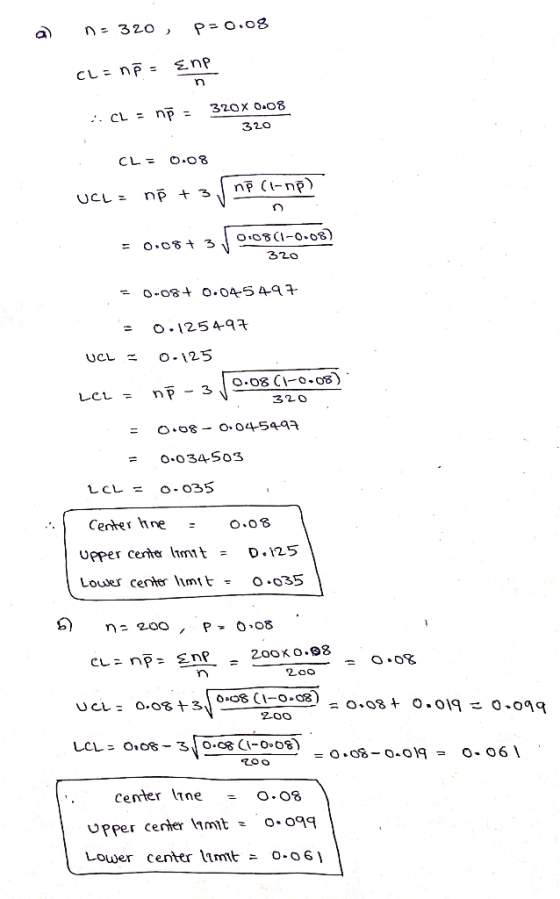 n 320 , P O.o8 du3 n 320x 0.08 320 O.O8 CL= nf (l-np) np + 3 UCL = O.08(1-0.08) = O.06 t 3 320 O-08t 0.04-5 49 3 o.1254q7 UCL