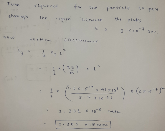 Time required for the particle to pass through the region between the plates 4 2 2x107 sec now vertical discplacement Sy 1 Ź