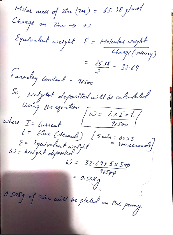 Aan Molor mass of Zine (ru) = 65.38 g/mol Charge on Zine - +2 Equivalent weight { = Moleulat weight . Charge (valery = 65.38