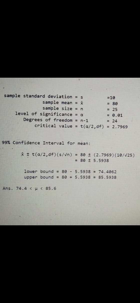 sample standard deviation = s sample mean = X sample size = n level of significance = Degrees of freedom = n-1 critical value