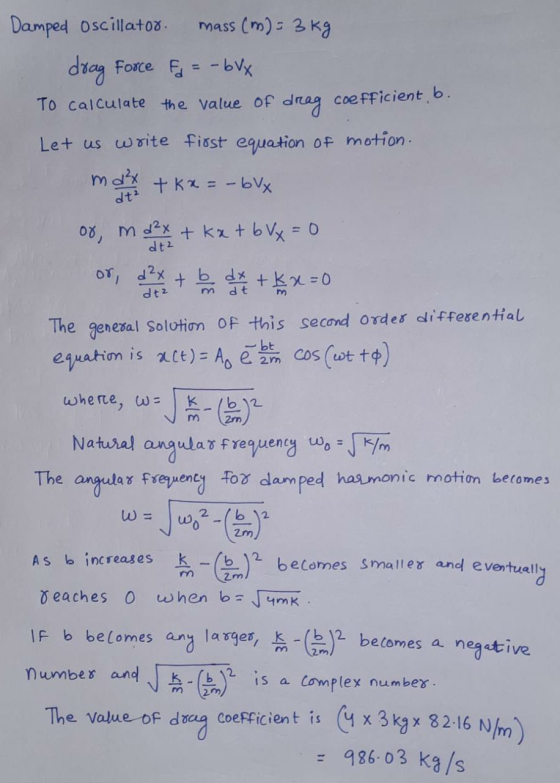 Damped Oscillator mass (m) = 3kg doag Force Fj = - bvx To calculate the value of drag Let us write first equation of motion.