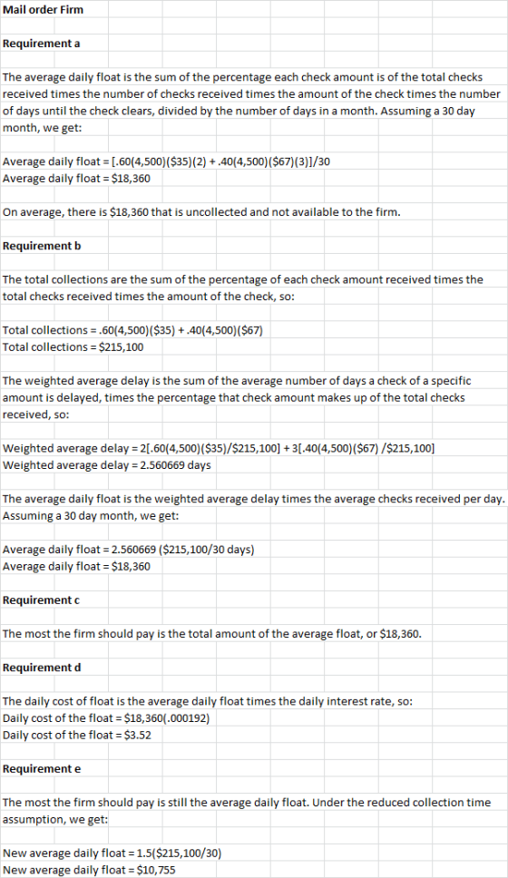 Mail order Firm Requirement a The average daily float is the sum of the percentage each check amount is of the total checks r