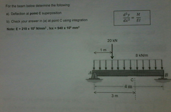 For the beam below determine the following a). Deflection at point C superposition b). Check your answer in (a) at point C using integration Note: E = 210 x 103 N/mm2 , lxx = 940 x 106 mm dZy M 2 EI = 20 kN 1 m 8 kN/m Ci 爿 3 m