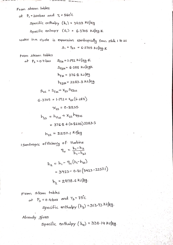 From steain tables at P, = 200bay and T, = 5600 Specific enthalpy Chi) = 3423 kJ/kg Specific entropy (S,) = 6.3105 Kuikg.k wa