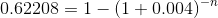 0.62208= 1-\left ( 1+0.004 \right )^{-n}