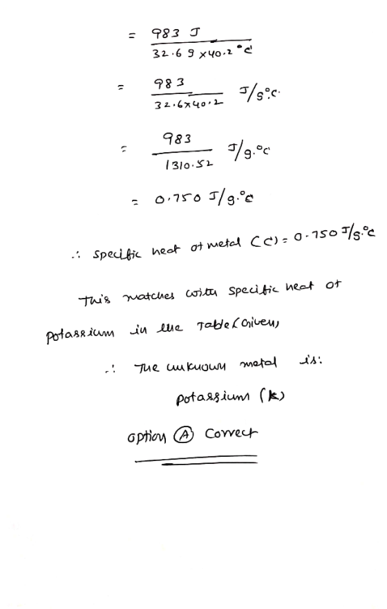 - 983 J 32.69x40.2 °c 983 32.6*40.2 983 79.00 1310.52 = 0.750J/g.ee specific heat of metal cc)=0-1500/5.00 This matches with