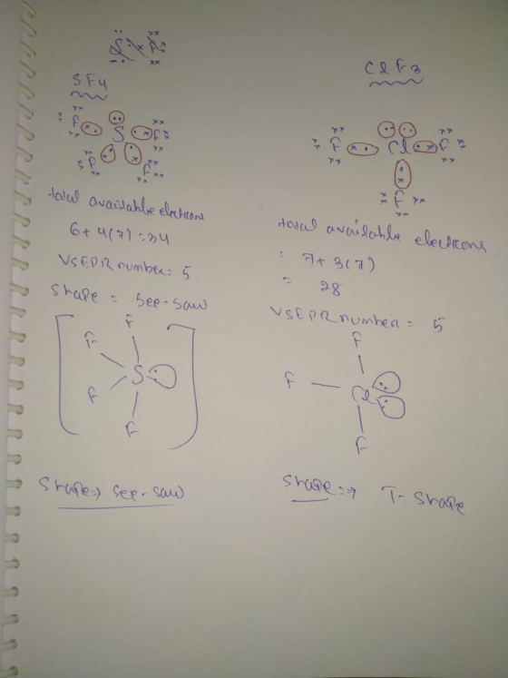Cer3 + totul available election 6+46a1234 VSEPR number 5 shape a see-saw dodal available electrons = 7+307) VSEPR number - 5