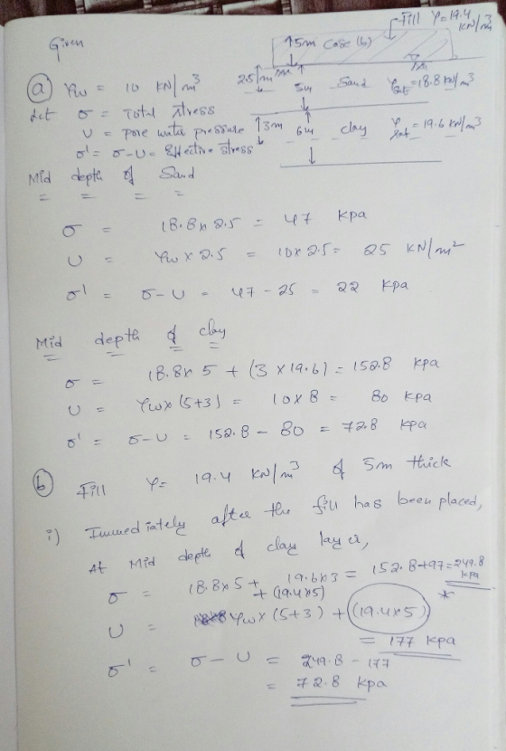 15m Case ) Sand Sy Totl vess det 13M Pne wata Pessude clay (9.6 G4 -U-H eath. less Mid dept Sand Kpa 18.8n 8.- Ywx .s Kpa O-U