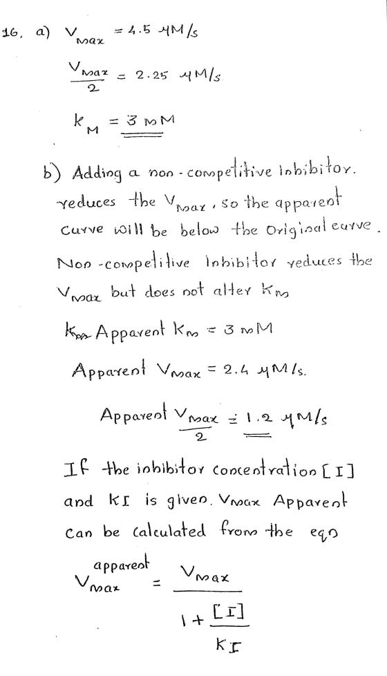 16, a) v vana =4.5 4M/S Max Maz = 2.25 MM/ 2 k = 3 MM b) Adding a non-competitive inbibitor reduces the Vagay, so the apparen