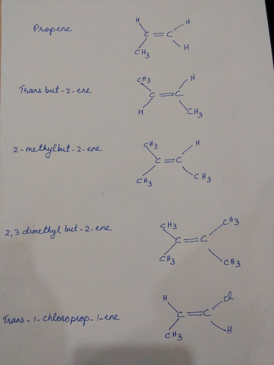 H C Propene CH3 13ans but -2-ene CH3 H3 2- methylut - 2-ene と= CH3 H3 2,3 dimethyl but-2-ene CH3 C#3 H .chloropiop 1-ene hans