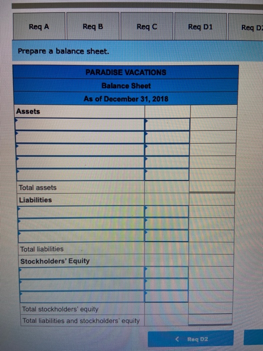 Req A ReqB Reqc Req D1 Req D Prepare a balance sheet. PARADISE VACATIONS Balance Sheet As of December 31, 2018 Assets Total a