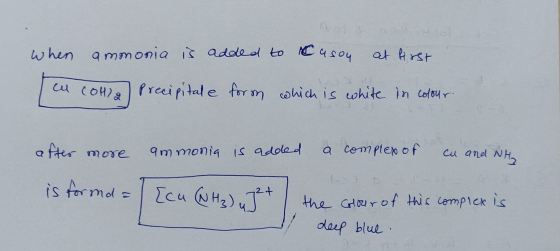 when ammonia is added to casoy at first a colla Precipitale form which is white in colour after more amonia is added a comple