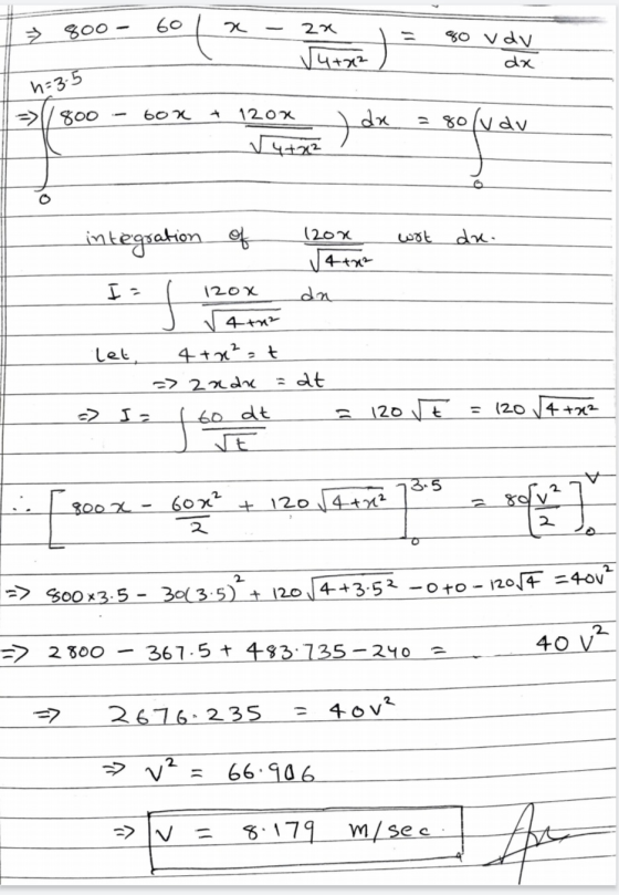 60 2 Ź 800 - 2x √4+x22 80 udv dx h=3.5 =>1/800 60 x 120X ) de = 80 (var 4+22 du. 나 integration of (2ox wot 4+x2 I a 120X dn 4
