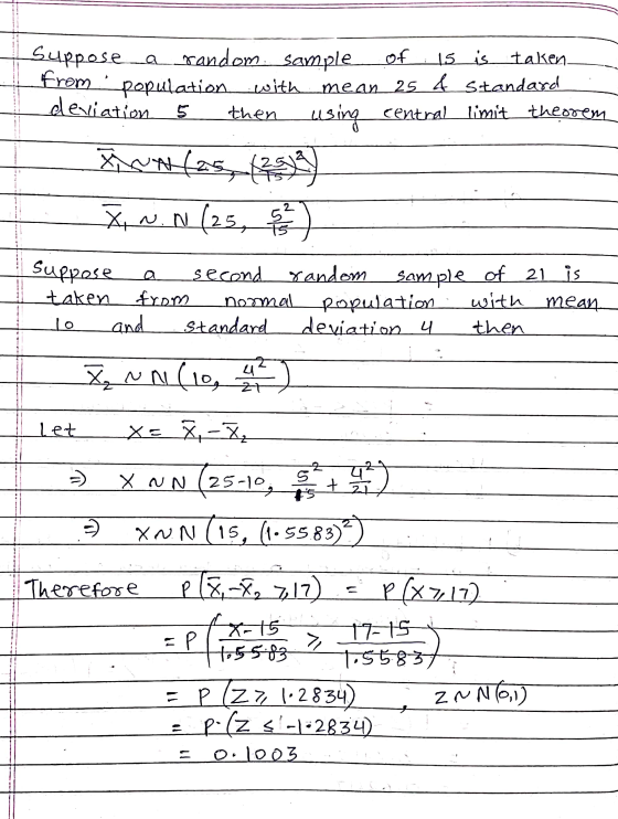 Suppose a random sample of 15 is taken from population with mean 25 of standard deviation 5 then using central limit theorem