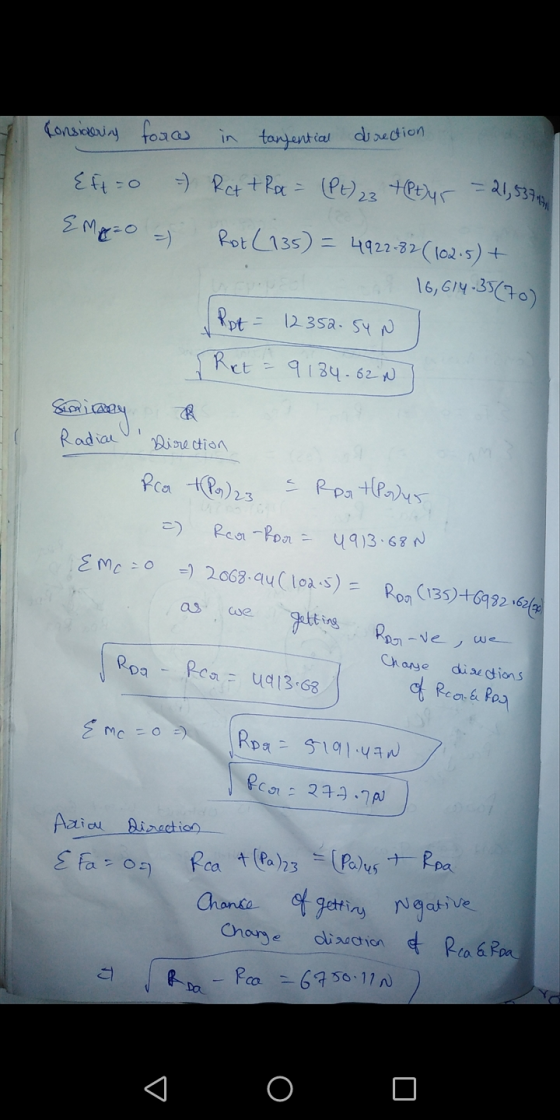 Considering forces in tangential direction Eft=0 - Rett Ro = (PE) 23 +Ptyr = 21,537.36 EMA=0 Rot (135) = 4922-82 (102.5) + 16