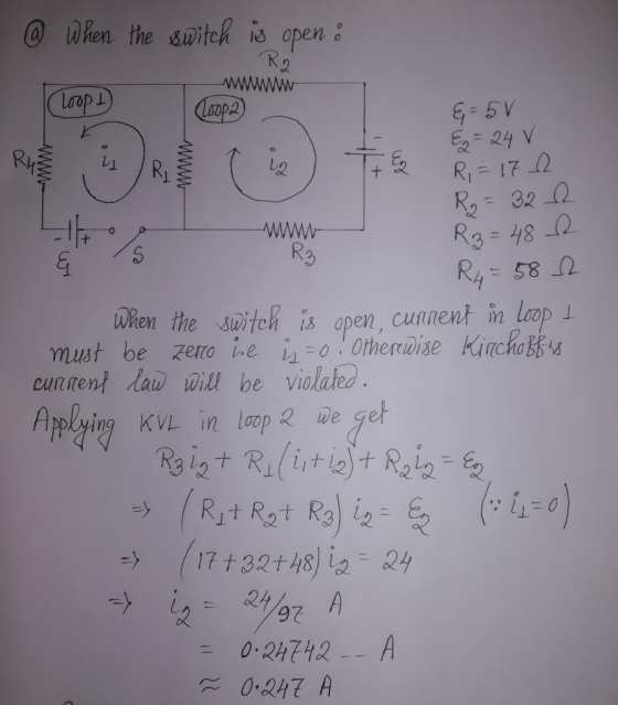 @ When the switch is open: Ra Loop D wwwwww Coop Rua Ri &=5v E = 24 V R,= 172 R₂ = 322 R3 = 48 R4 = 582 0 + S & S R3 When the