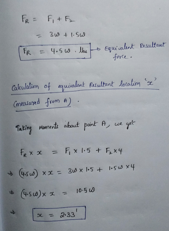 FR = F + F – 30+l.su IF TR = 4.50. lbs to Equivalent Resultant - to w los force. sc? Calculation of equivalent resultant loca
