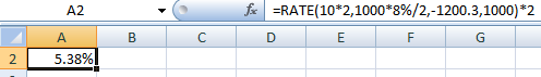 A2 fx =RATE(10*2,1000*8%/2,-1200.3,1000)*2 D E F G B C 2 5.38%