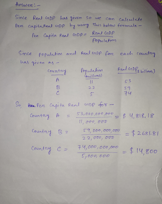 Answer: - Since Per calculate formula- Real GDP has given so we can capita Real GDP by using this below Per capita Real GDP =