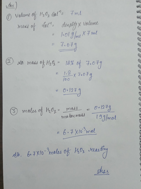 Valume o H,Og al 7ml maes of olaldenstty x Velume 18 of 7.07 18 -X 100 0,122 - 12-19 19g/met males of MOr maly malaumasd 6.7