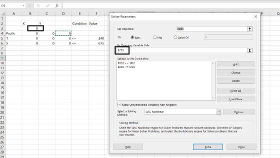 D4 X fr B с D E F 0 Solver Parameters Х X Y Condition Value А. 1 2 3 4 Profit 5 T 0 Set Objective: $D$4 4 0 0 oi 0 0 To: 0<%3