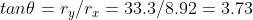 tan\theta =r_{y}/r_{x}=33.3/8.92=3.73