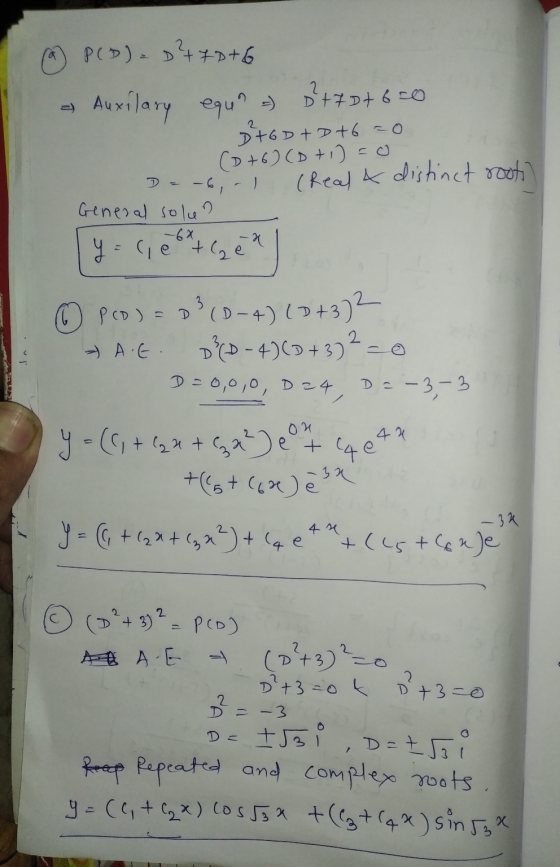 P(D) = D470+6 2 Auxilary equn - 3²+70+6=0 Dtod+D+6=0 (6+6) (D+1)=0 -6,-) (Real & distinct root D General solun -62 y = C, et