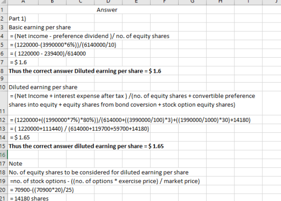 А в со Answer 2 Part 1) 3 Basic earning per share 4 = (Net income - preference dividend / no. of equity shares 5 = (1220000-(