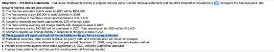 to prepare the financial plans. The Integrative Pro forma statements Red Queen Restaurants wishes to prepare financial plans.
