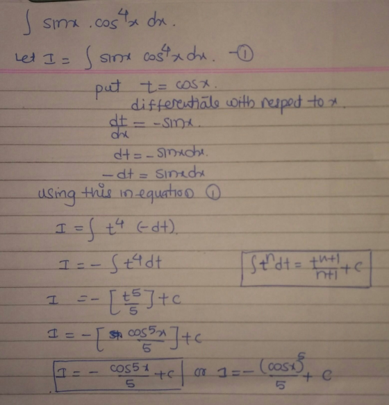 s simx.cos xde. Let I = sinx costa de. - put t= cosx. differentiāle with respect to dt = -sind. d+=-smiche. - dt = sineda usi