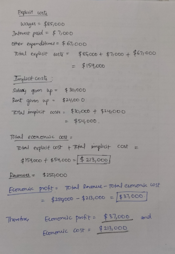 Explicit costs wages - $85,000 Interest paid = $7,000 Other expenditerres = $67,000 Total explicit costs = $85000 + $7000 + $