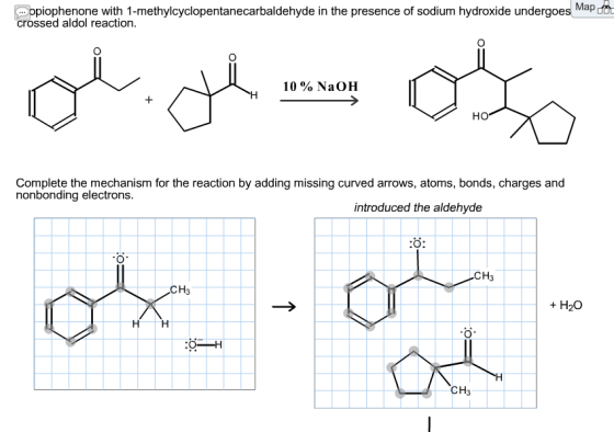 Image for opiophenone with 1-methylcyclopentanecarbaldehyde in the presence of sodium hydroxide undergoes crossed aldol