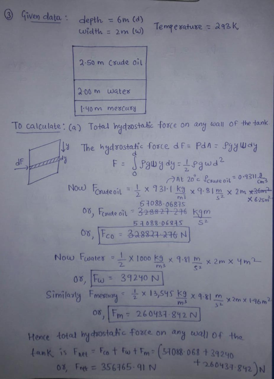 Given data: depth 6m (d) width = 2m (w) Temperature - 293k 2.50 m crude oil 2.00m water dF O cm3 s2 m3 57088.06875 x 6.25m² 5