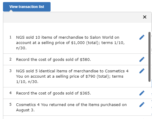 View transaction list 1 NGS sold 10 items of merchandise to Salon World on account at a selling price of $1,000 (total); term