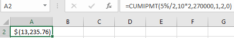 | A2 - X for ECUMIPMT(5%/2,10*2,270000,1,2,0) B C D E F G 2 $(13,235.76)!