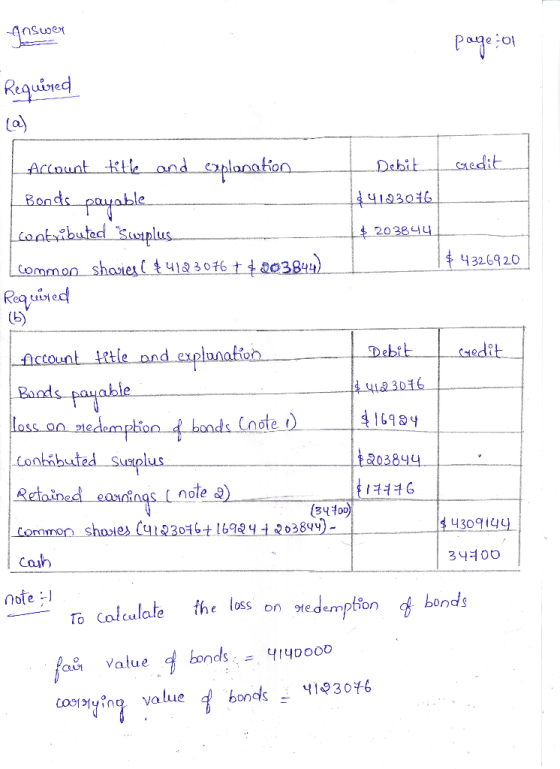 answer page : Required Debit Gedit $4123016 Account title and explanation. Bonds payable contributed Surplus | common sharies