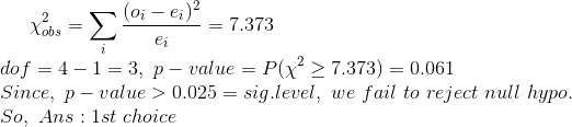 \chi^{2}_{obs}=\sum_{i} \frac{(o_{i}-e_{i})^{2}}{e_{i}} = 7.373 \\ dof=4-1=3, \ p-value=P(\chi^{2}\ge 7.373) = 0.061 \\ Since, \ p-value > 0.025=sig.level, \ we\ fail\ to\ reject\ null\ hypo. \\ So, \ Ans : 1st\ choice