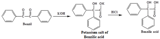 OH OH OH OK C-C IHC1 0 KOH C-C Benzil Benzilic acid Potassium salt of Benzilic acid