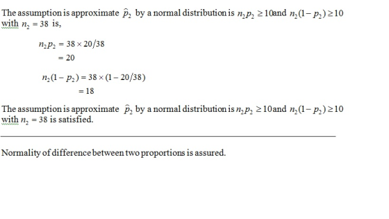 The assumption is approximate p2 by a normal distribution is n2p 210and n2(1-p,)210 with n 38 is, nP2 38 x 20/38 - 20 n2 (1 - p2)- 38 x (1 - 20/38) - 18 The assumption is approximate P, by a normal distribution is n,p, 210and n2(1-p2)210 with n2 38 is satisfied Normality of difference between two proportions is assured.
